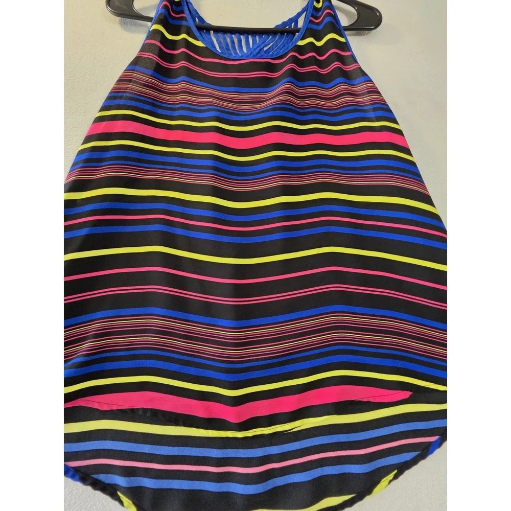 Women's L Striped Sleeveless Tank Top Blue Pink Yellow Braided Back Boho Casual